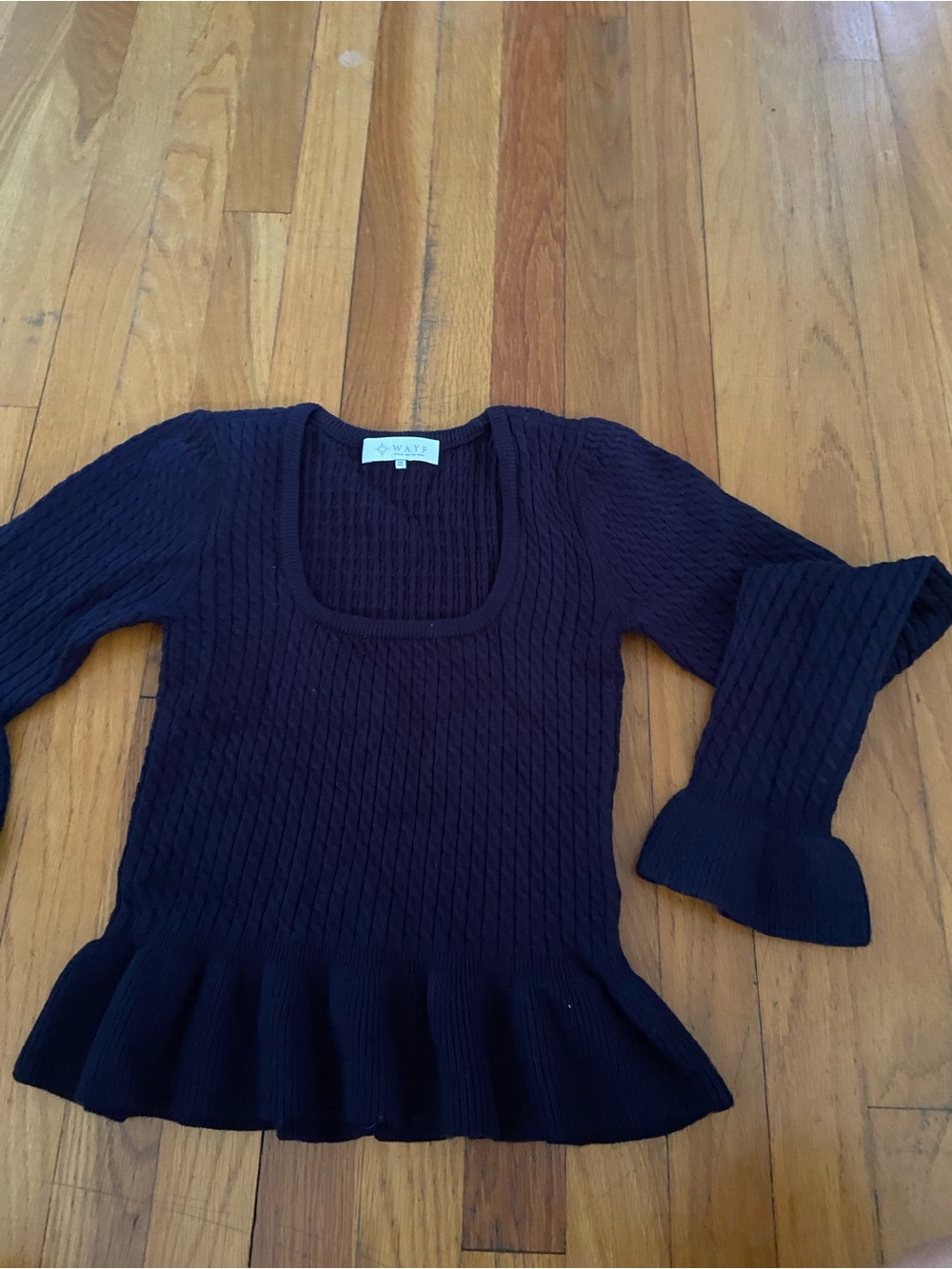 Wayf Black Cable Knit Long Sleeve Ruffle Hem Top